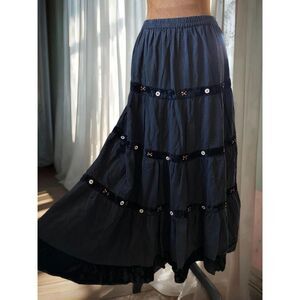 Y2K Whimsigoth Fairy Feminine Festival Velvet Tiered Black Maxi Skirt Beaded